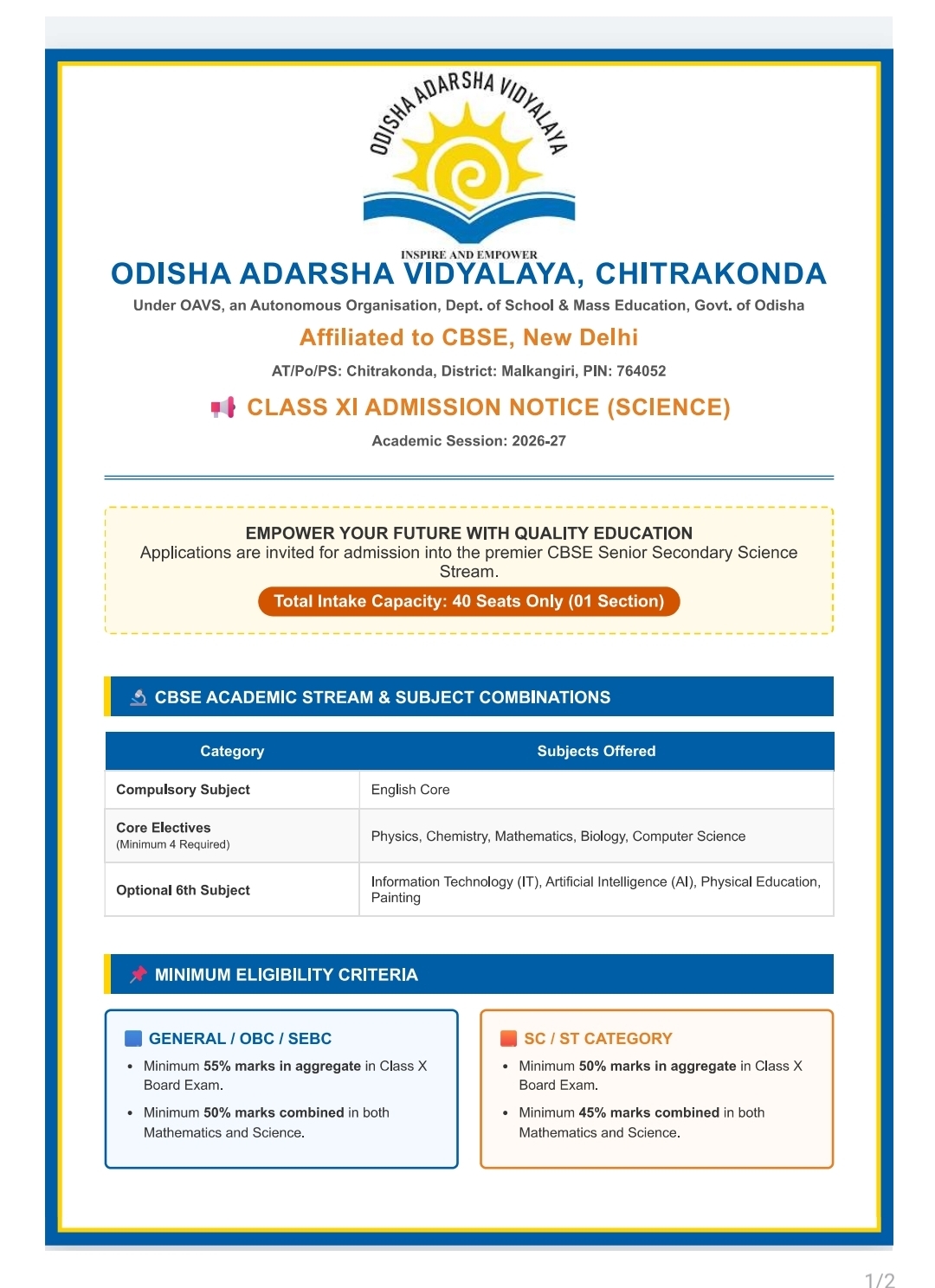 ADMISSION IN CLASS XI (SCIENCE), 2026-27 SESSION